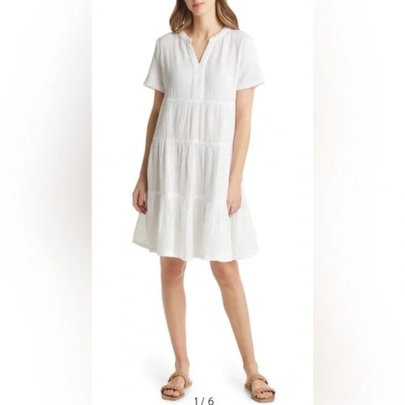 beachlunchlounge Dresses & Skirts - beachlunchlounge white cotton tiered short sleeve dress size xs